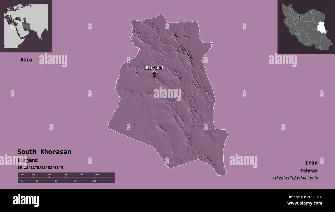 Forme du Khorasan du Sud, province d'Iran, et sa capitale. Echelle de distance, aperçus et étiquettes. Carte d'altitude en couleur. Rendu 3D Banque D'Images