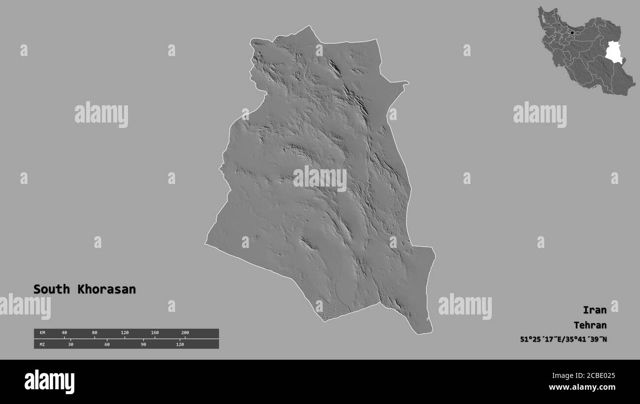 Forme du Khorasan du Sud, province d'Iran, avec sa capitale isolée sur fond solide. Échelle de distance, aperçu de la région et libellés. Élévation biniveau Banque D'Images