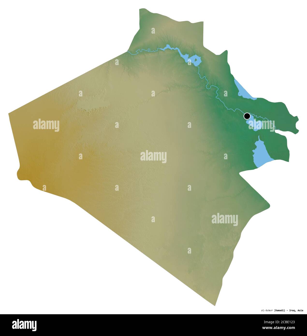 Forme d'Al-Anbar, province d'Irak, avec sa capitale isolée sur fond blanc. Carte topographique de relief. Rendu 3D Banque D'Images