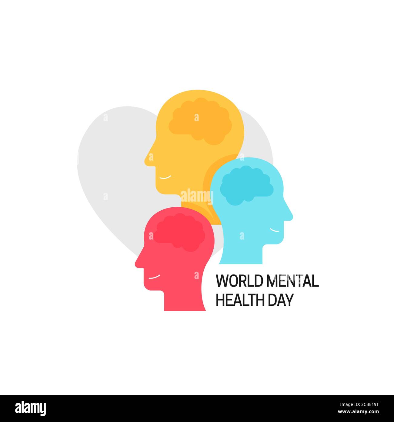Affiche de concept de la Journée mondiale de la santé mentale. Groupe de têtes humaines colorées avec illustration de vecteur de cerveau sur fond coeur d'amour. Illustration de Vecteur
