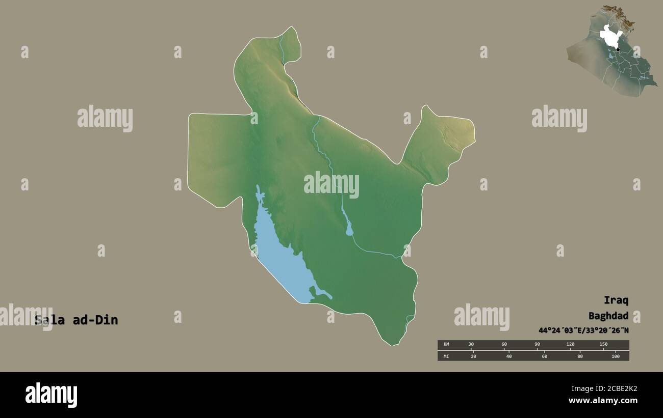 Forme de Sala ad-DIN, province d'Irak, avec sa capitale isolée sur fond solide. Échelle de distance, aperçu de la région et libellés. Relief topographique m Banque D'Images