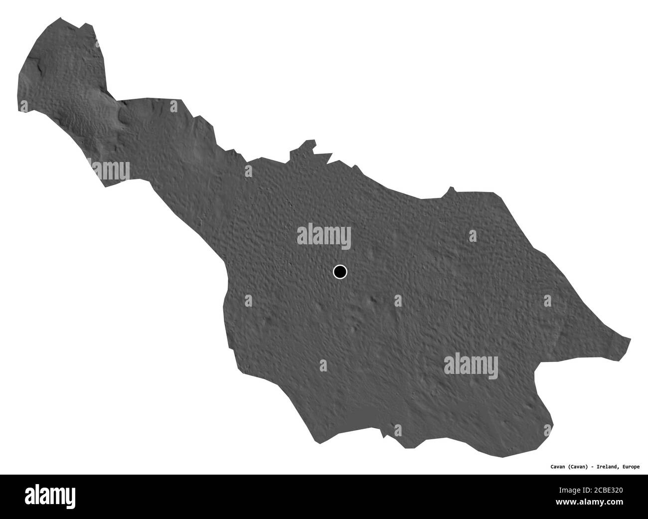 Forme de Cavan, comté d'Irlande, avec sa capitale isolée sur fond blanc. Carte d'élévation à deux niveaux. Rendu 3D Banque D'Images