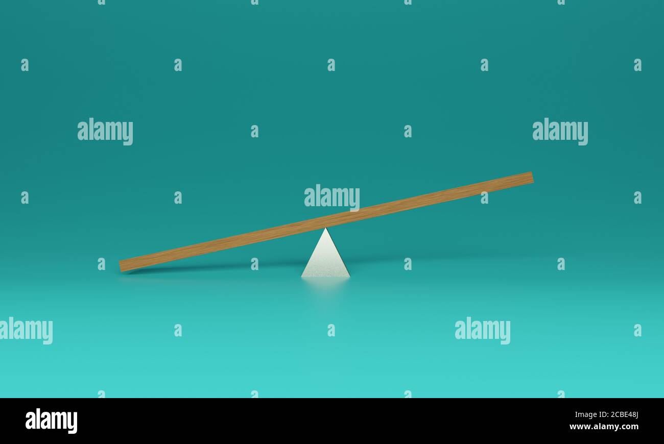 Rendu 3D de la seesaw ou du fourre-tout de téomètre en bois et base triangulaire brillante sur fond bleu. L'illustration est vide avec l'espace de copie. Banque D'Images