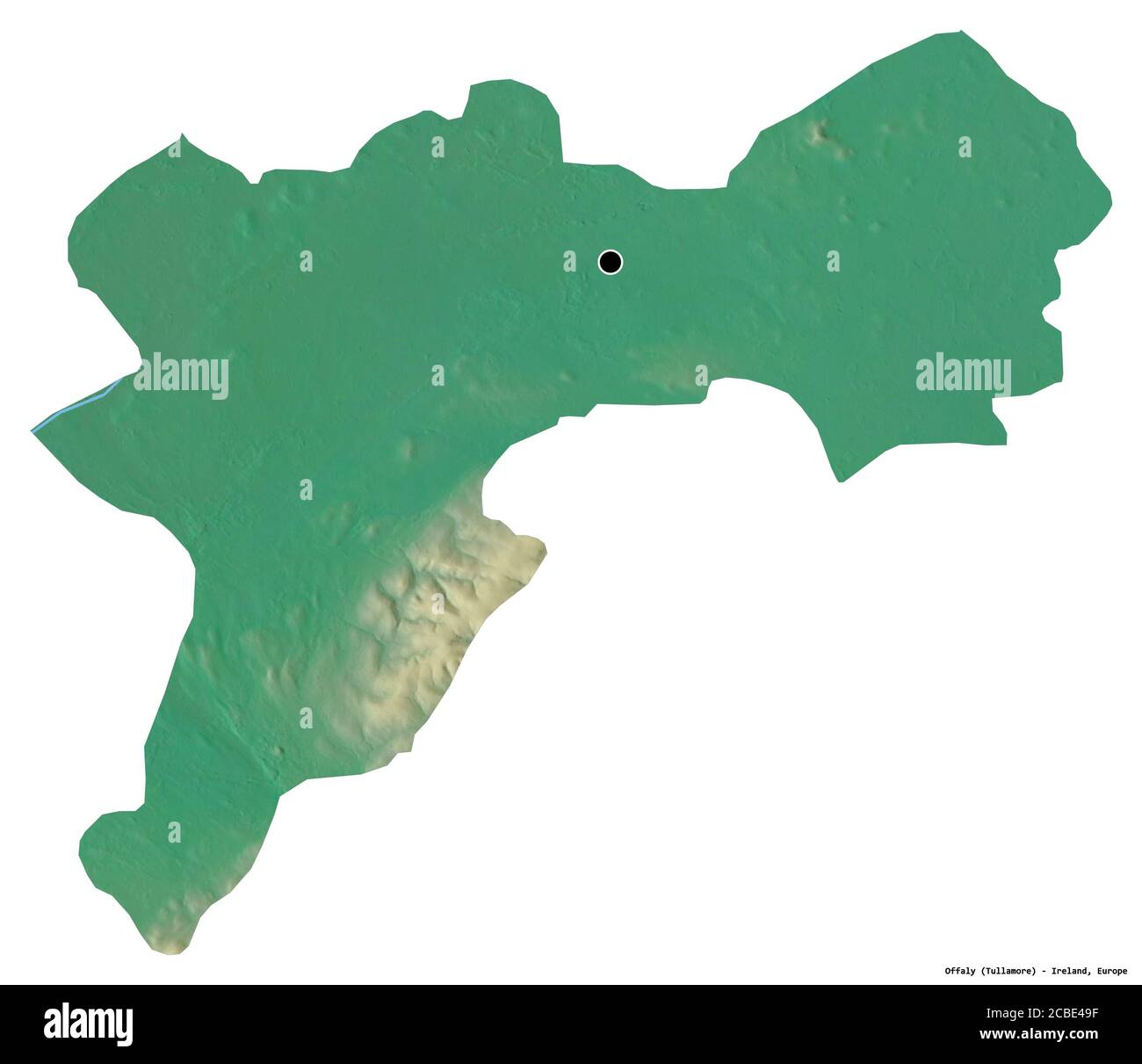 Forme d'Offaly, comté d'Irlande, avec sa capitale isolée sur fond blanc. Carte topographique de relief. Rendu 3D Banque D'Images
