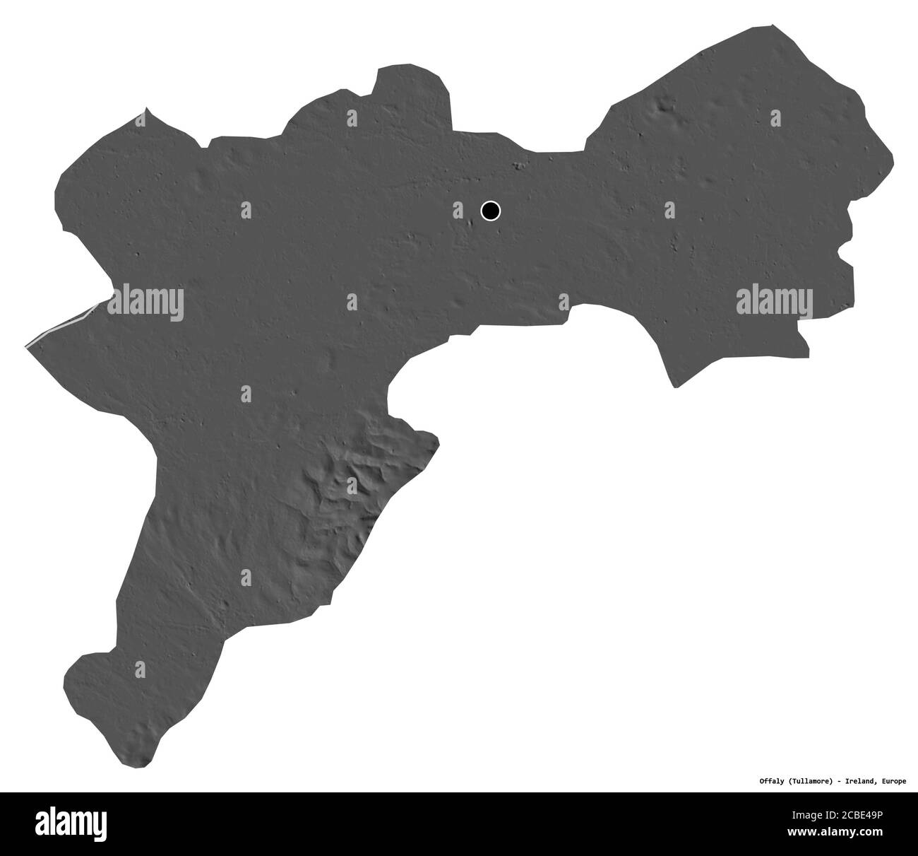 Forme d'Offaly, comté d'Irlande, avec sa capitale isolée sur fond blanc. Carte d'élévation à deux niveaux. Rendu 3D Banque D'Images