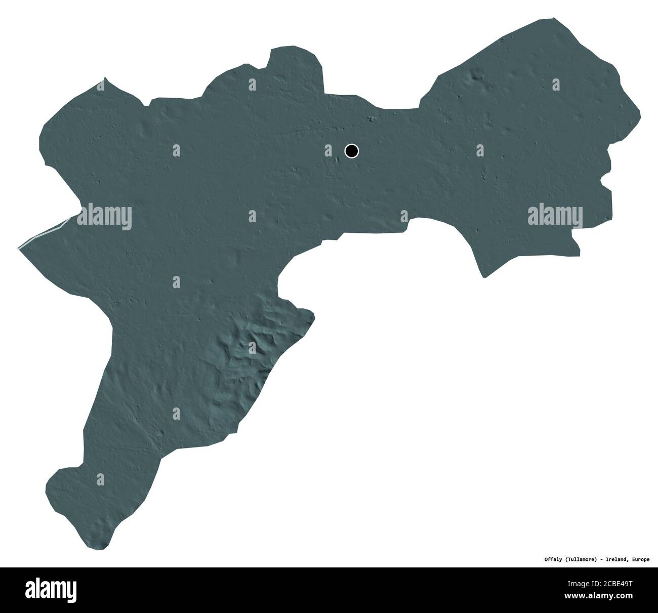Forme d'Offaly, comté d'Irlande, avec sa capitale isolée sur fond blanc. Carte d'altitude en couleur. Rendu 3D Banque D'Images
