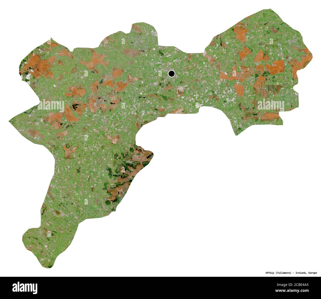 Forme d'Offaly, comté d'Irlande, avec sa capitale isolée sur fond blanc. Imagerie satellite. Rendu 3D Banque D'Images