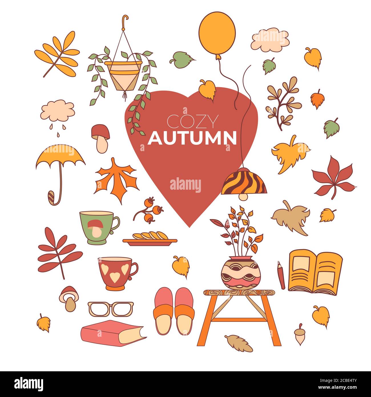 Un automne agréable. Ensemble de dessins vectoriels d'automne. Confort à la maison - feuilles colorées, baies et champignons, tasses et biscuits, un lustre et une table avec un Illustration de Vecteur
