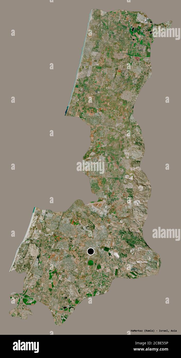 Forme de HaMerkaz, district d'Israël, avec sa capitale isolée sur un fond de couleur unie. Imagerie satellite. Rendu 3D Banque D'Images