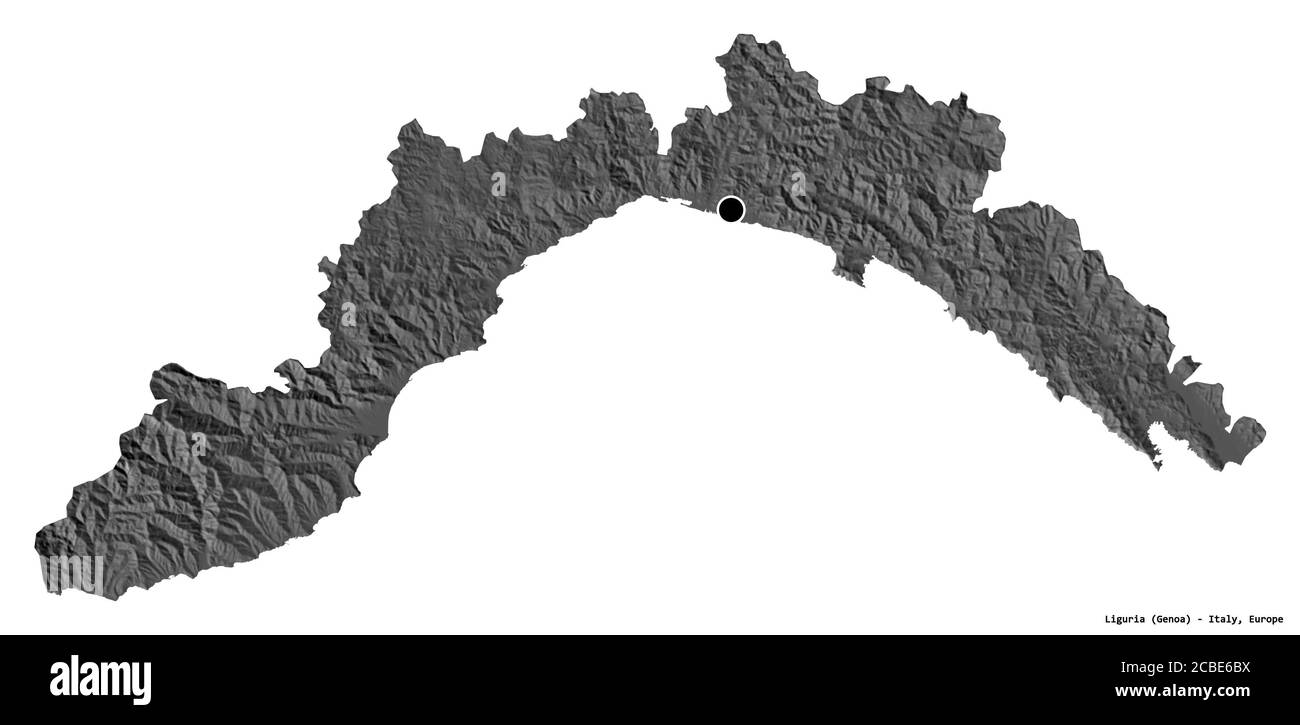 Forme de Ligurie, région italienne, avec sa capitale isolée sur fond blanc. Carte d'élévation à deux niveaux. Rendu 3D Banque D'Images