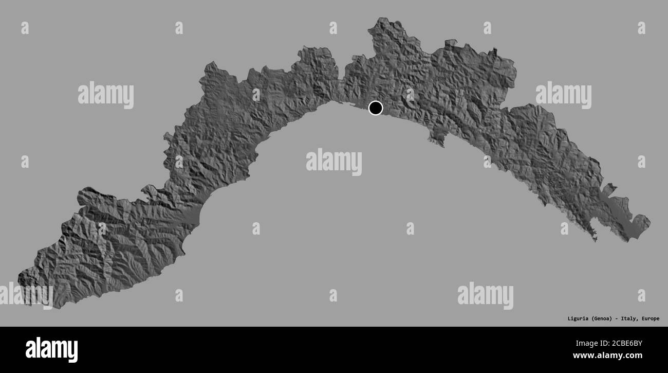 Forme de Ligurie, région italienne, avec sa capitale isolée sur un fond de couleur unie. Carte d'élévation à deux niveaux. Rendu 3D Banque D'Images
