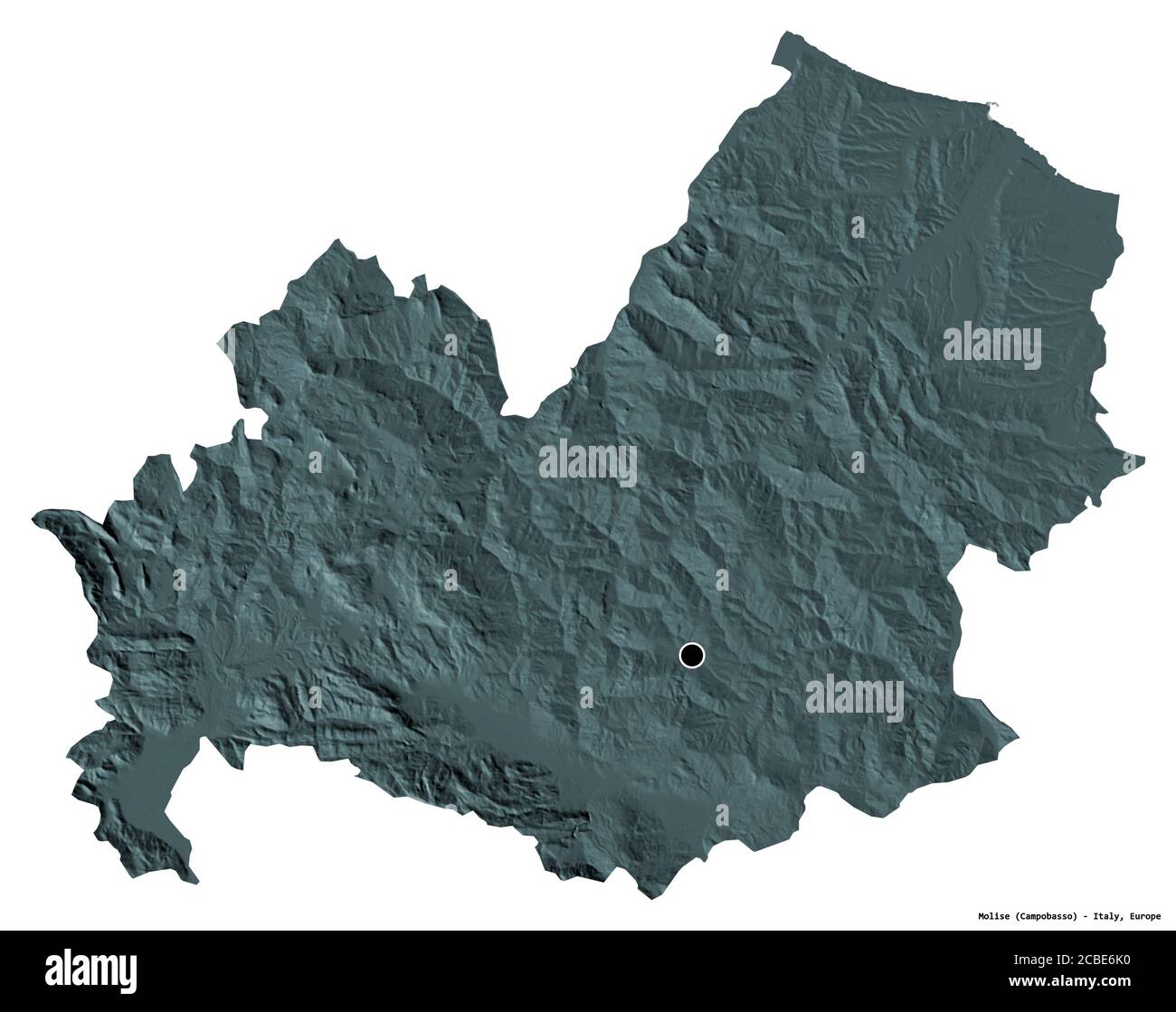 Forme de Molise, région italienne, avec sa capitale isolée sur fond blanc. Carte d'altitude en couleur. Rendu 3D Banque D'Images