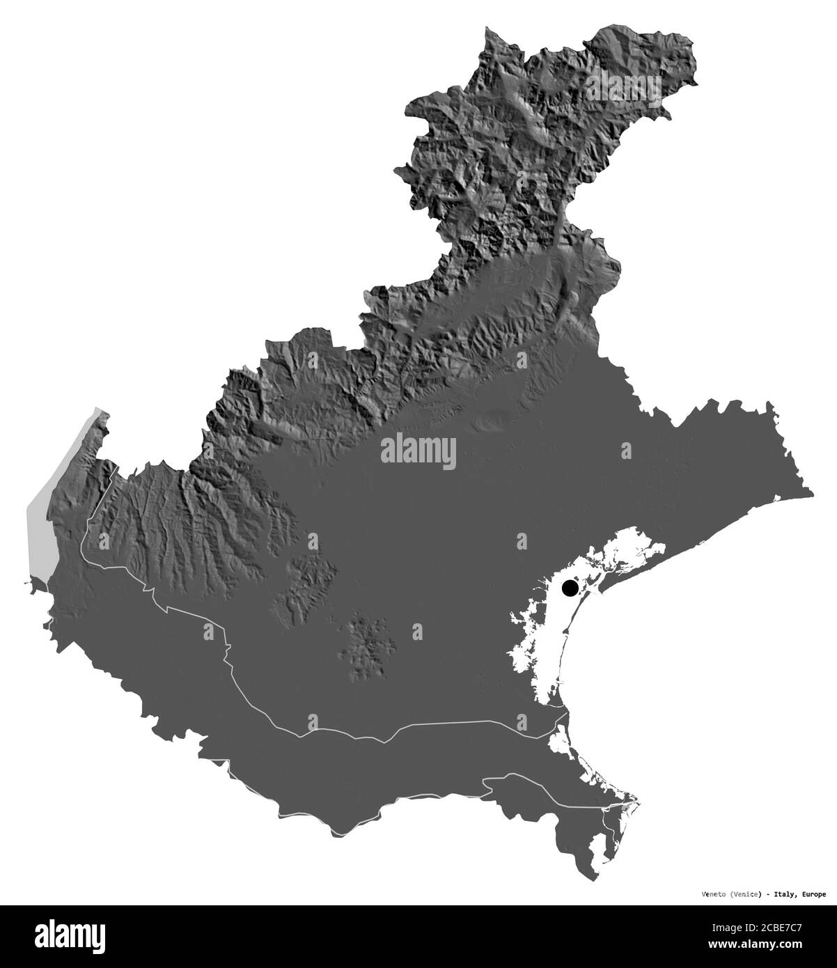 Forme de Vénétie, région de l'Italie, avec sa capitale isolée sur fond blanc. Carte d'élévation à deux niveaux. Rendu 3D Banque D'Images