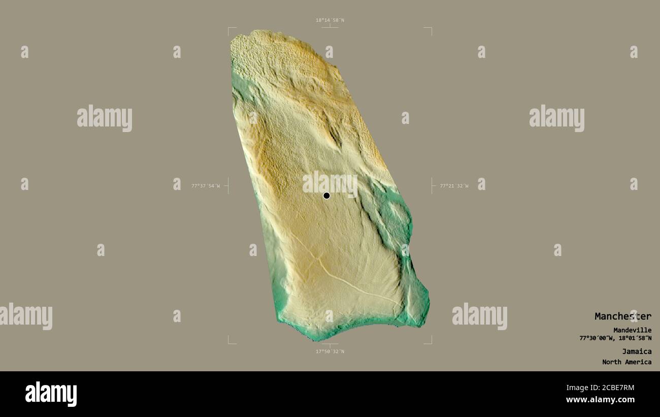 Région de Manchester, paroisse de la Jamaïque, isolée sur fond solide dans une boîte englobante géoréférencée. Étiquettes. Carte topographique de relief. Rendu 3D Banque D'Images