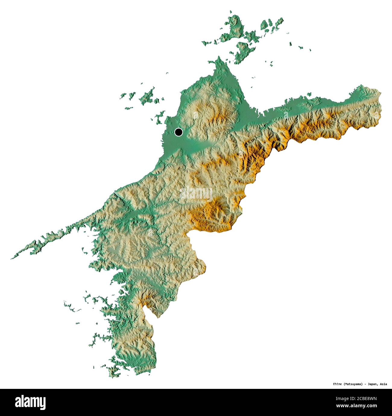Forme d'Ehime, préfecture du Japon, avec sa capitale isolée sur fond blanc. Carte topographique de relief. Rendu 3D Banque D'Images