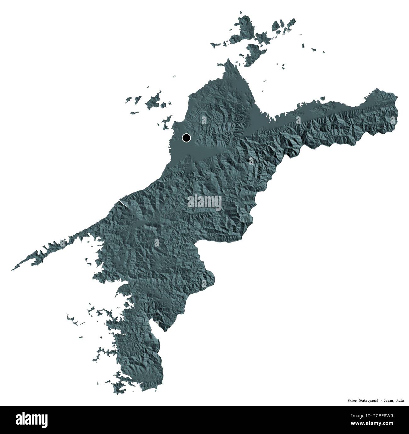 Forme d'Ehime, préfecture du Japon, avec sa capitale isolée sur fond blanc. Carte d'altitude en couleur. Rendu 3D Banque D'Images