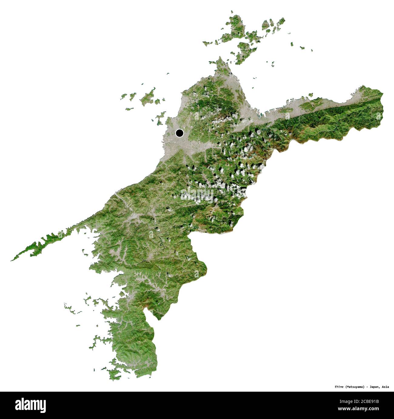 Forme d'Ehime, préfecture du Japon, avec sa capitale isolée sur fond blanc. Imagerie satellite. Rendu 3D Banque D'Images
