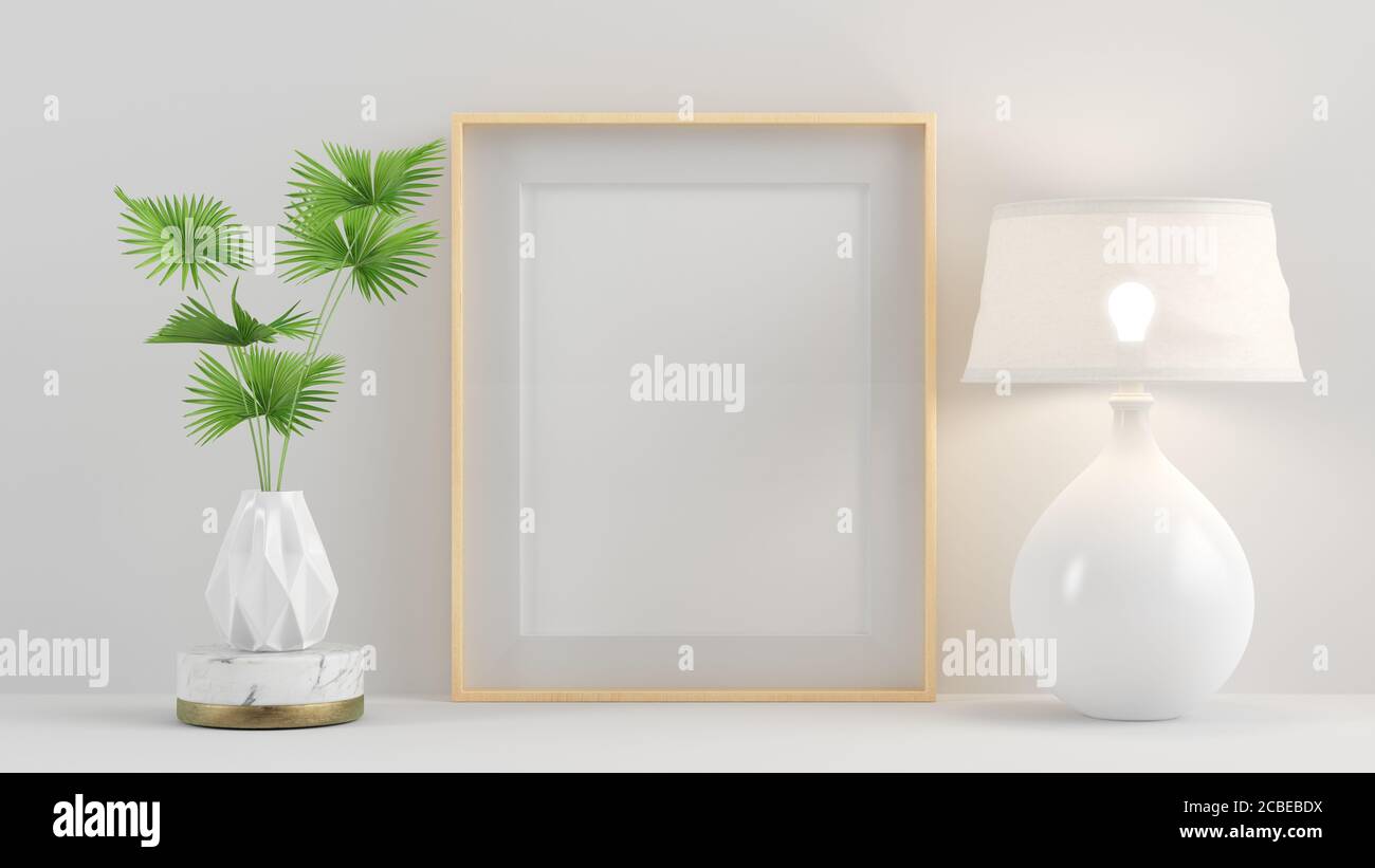 Cadre d'affiche en bois intérieur avec plante et lampe 3D minimale maquette de rendu Banque D'Images