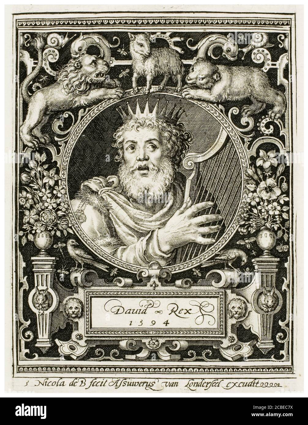 Roi David, plaque cinq des neuf millepertuis, portrait gravé par Nicolaes de Bruyn, 1594 Banque D'Images