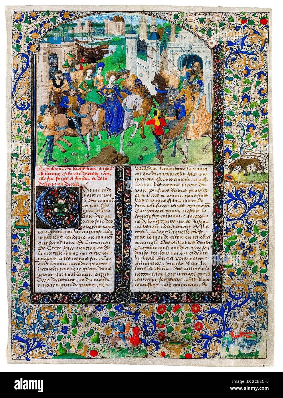 Le roi Priam rencontre Helen de Troie et Paris, à l'extérieur des portes de Troie, manuscrit illuminé du XVe siècle vers 1470 Banque D'Images