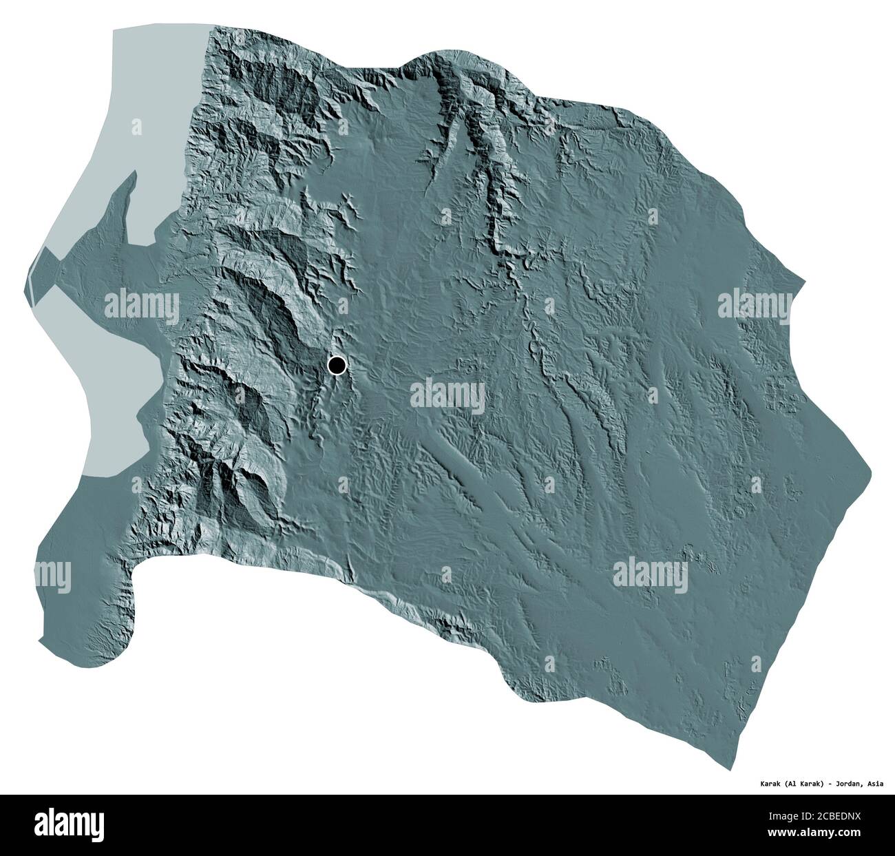 Forme de Karak, province de Jordanie, avec sa capitale isolée sur fond blanc. Carte d'altitude en couleur. Rendu 3D Banque D'Images