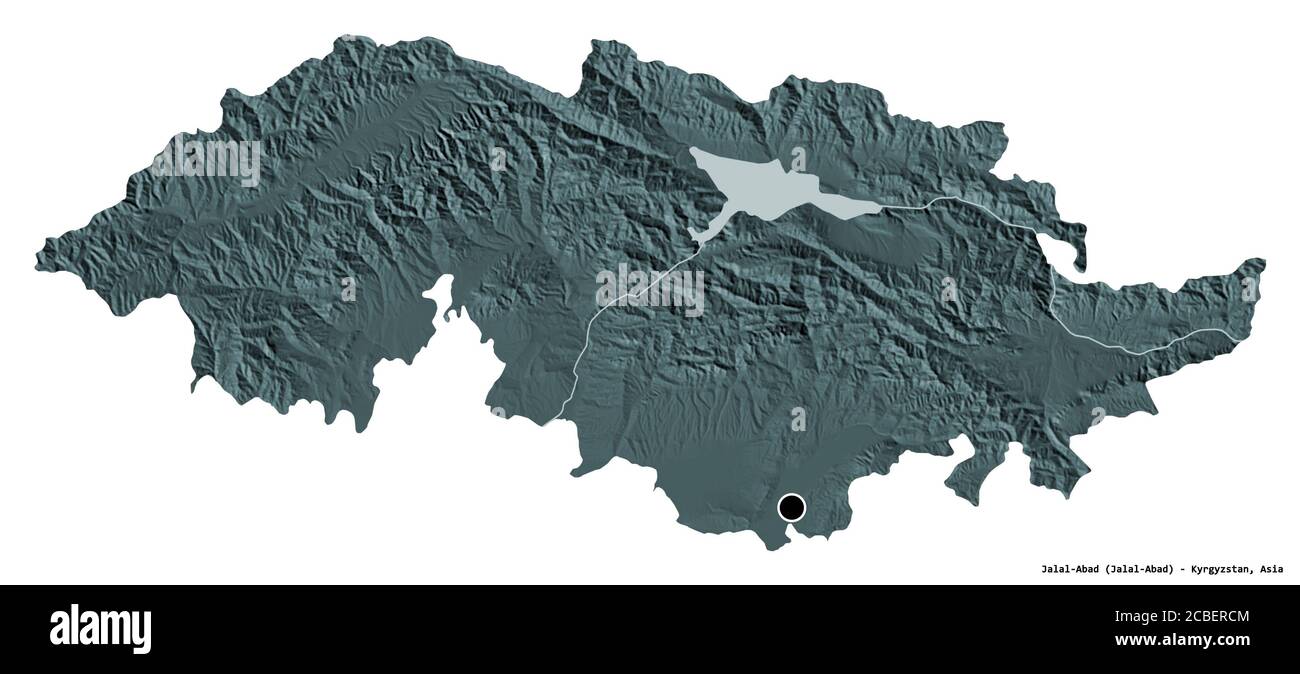 Forme de Jalal-Abad, province du Kirghizistan, avec sa capitale isolée sur fond blanc. Carte d'altitude en couleur. Rendu 3D Banque D'Images