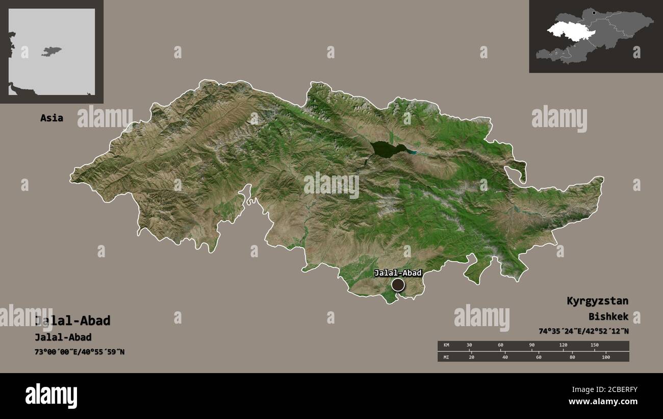 Forme de Jalal-Abad, province du Kirghizistan, et sa capitale. Echelle de distance, aperçus et étiquettes. Imagerie satellite. Rendu 3D Banque D'Images