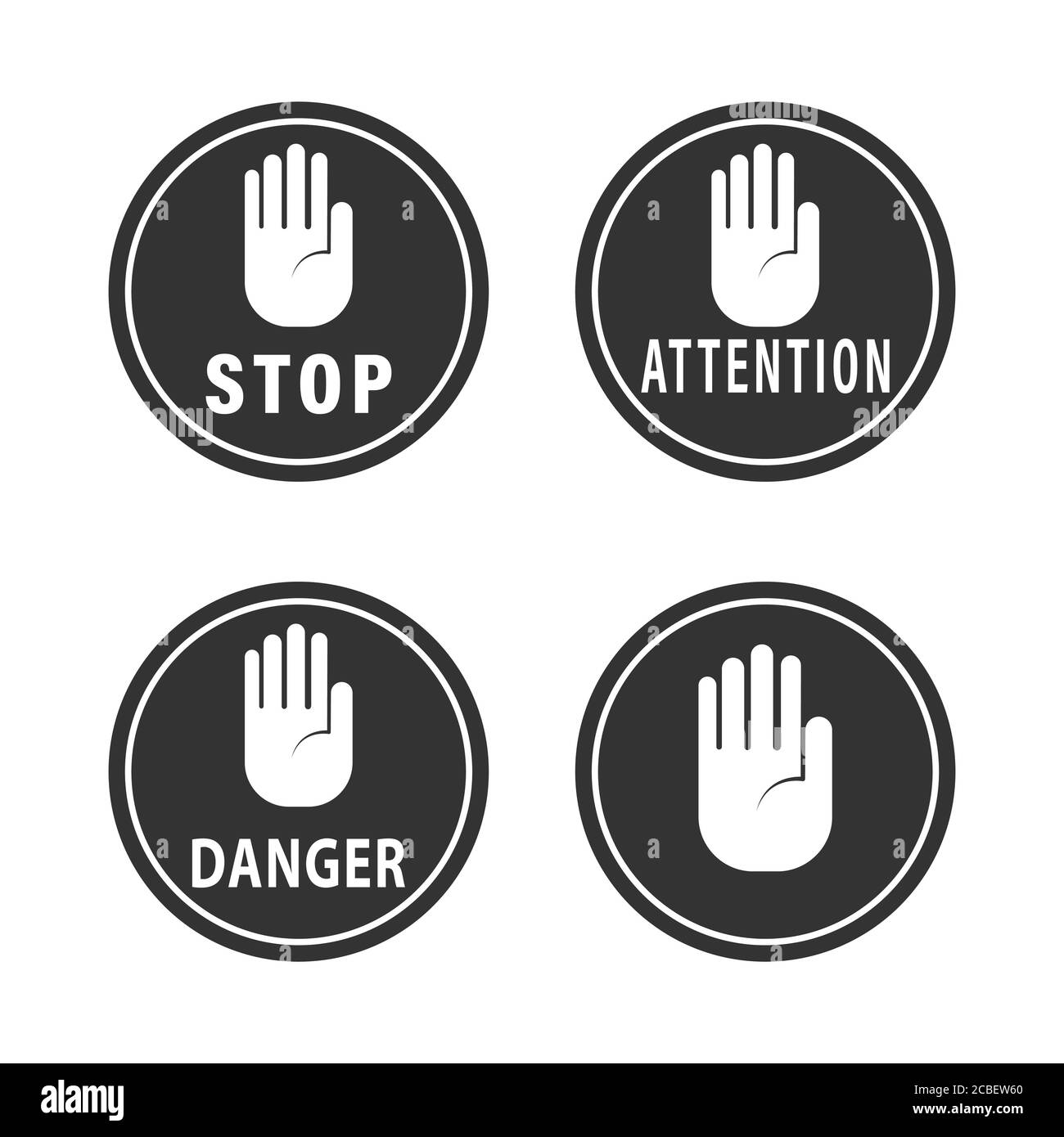 jeu de panneaux d'avertissement ronds avec paume ouverte surélevée et inscriptions. Illustration vectorielle, conception simple Illustration de Vecteur