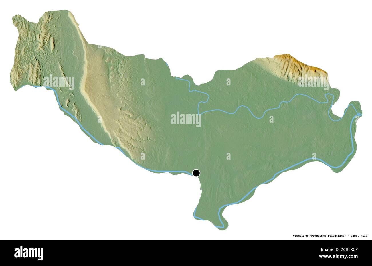 Forme de la préfecture de Vientiane, commune du Laos, avec sa capitale isolée sur fond blanc. Carte topographique de relief. Rendu 3D Banque D'Images