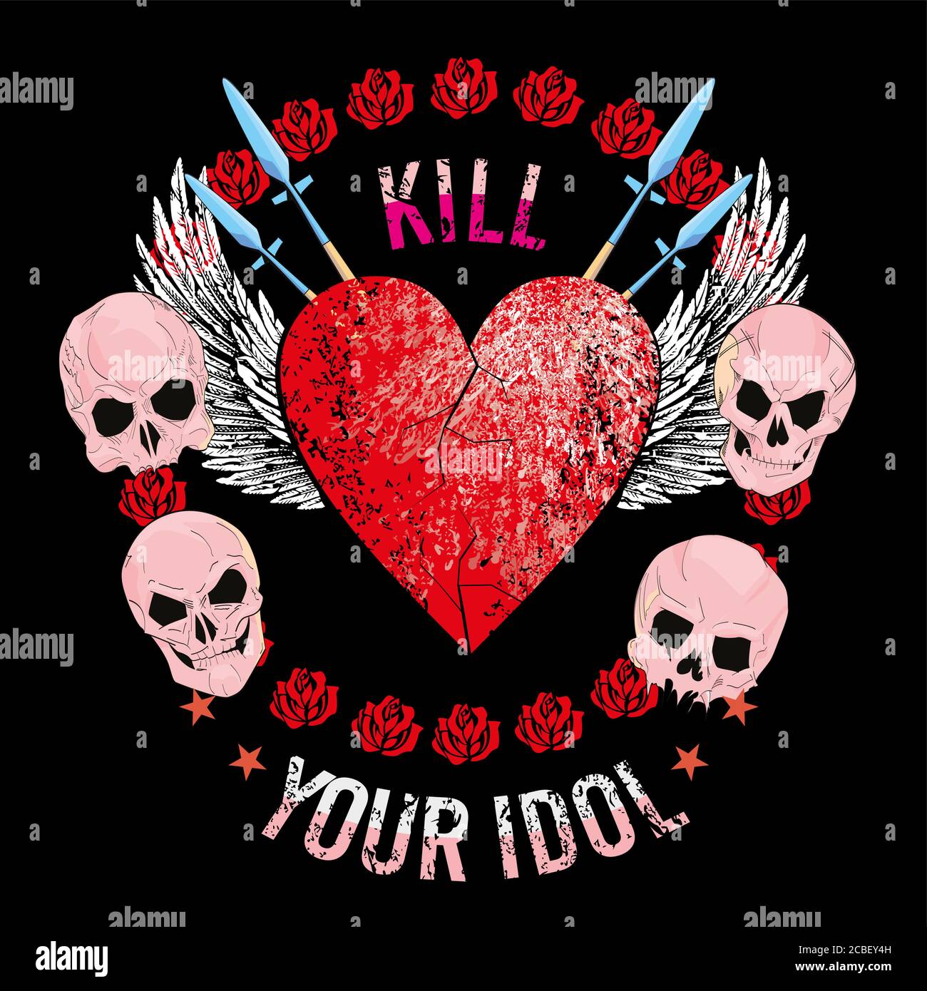 T-shirt motif vectoriel d'un coeur rouge avec des ailes blanches dans un cercle de crânes roses isolées sur le noir. Illustration de Vecteur