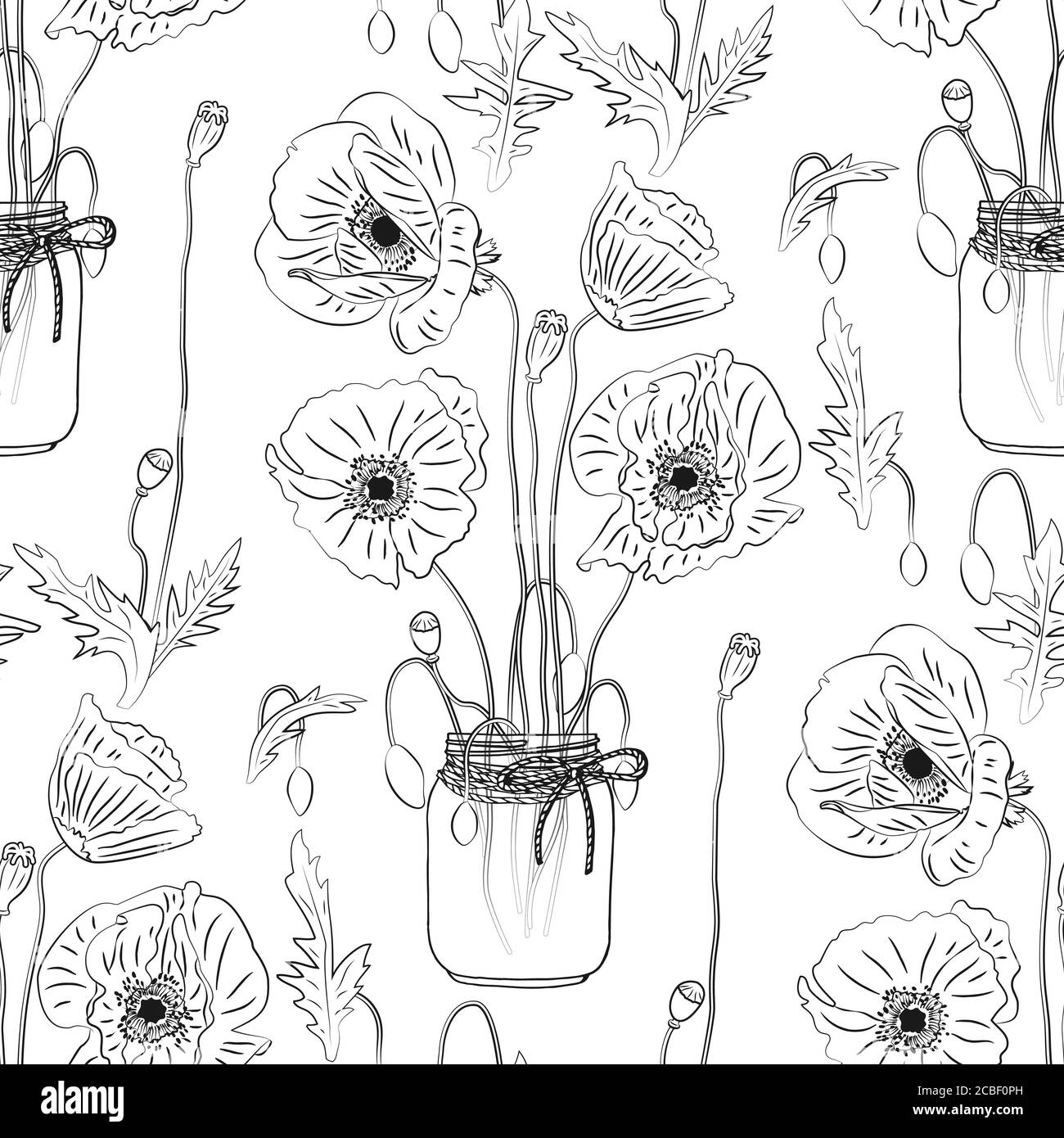 Motif floral monochrome sans couture avec fleurs de pavot dessinées à la main dans un pot de maçon sur fond blanc. Vecteur de brut Illustration de Vecteur