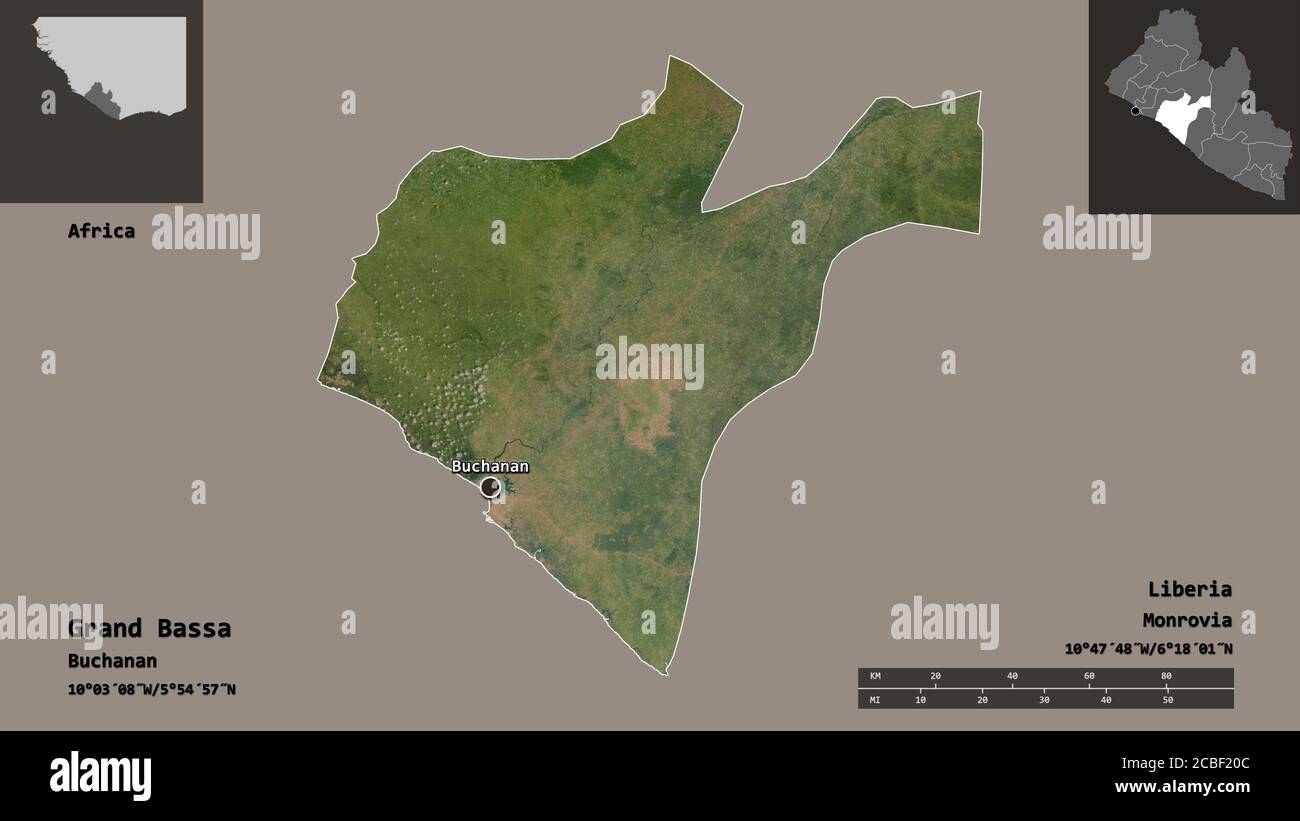 Forme du Grand Bassa, comté du Libéria, et sa capitale. Echelle de