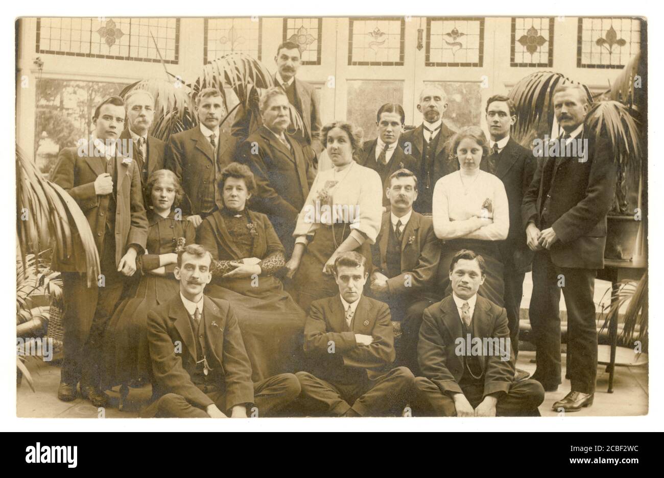 Au début des années 1900, carte postale originale d'un groupe détendu de personnes, de jeunes hommes et de femmes, dans une grande véranda, palmiers tropicaux / fernes hothouse, d'une riche maison familiale, vers 1913, U.K Banque D'Images