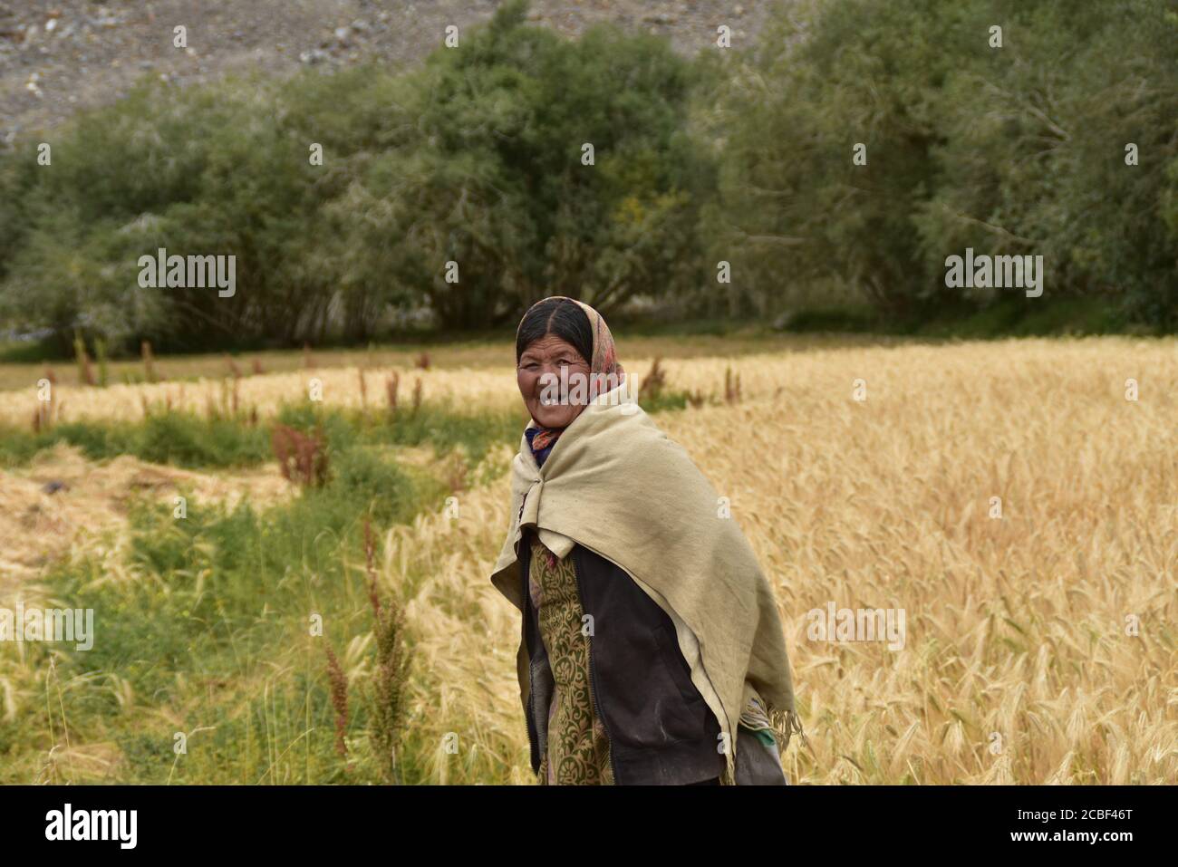 Ô cher Himalaya, pourquoi es-tu si incroyable ? Puis-je embrasser ton pic ou laisser ton silence parler !  Une fermière avec son sourire le plus large Banque D'Images