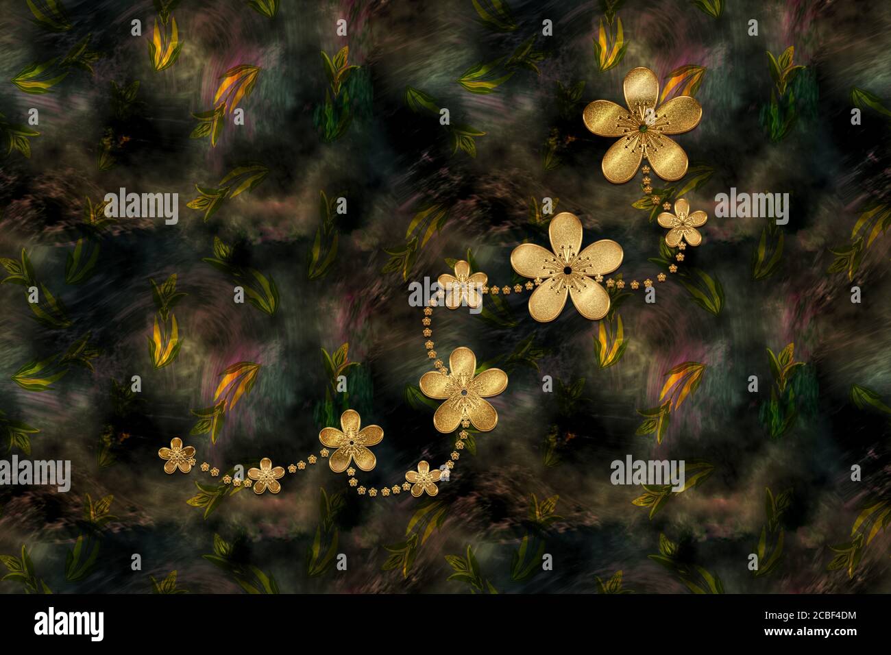 Motif abstrait sans couture avec fleurs dorées. Arrière-plan de l'art numérique. Banque D'Images