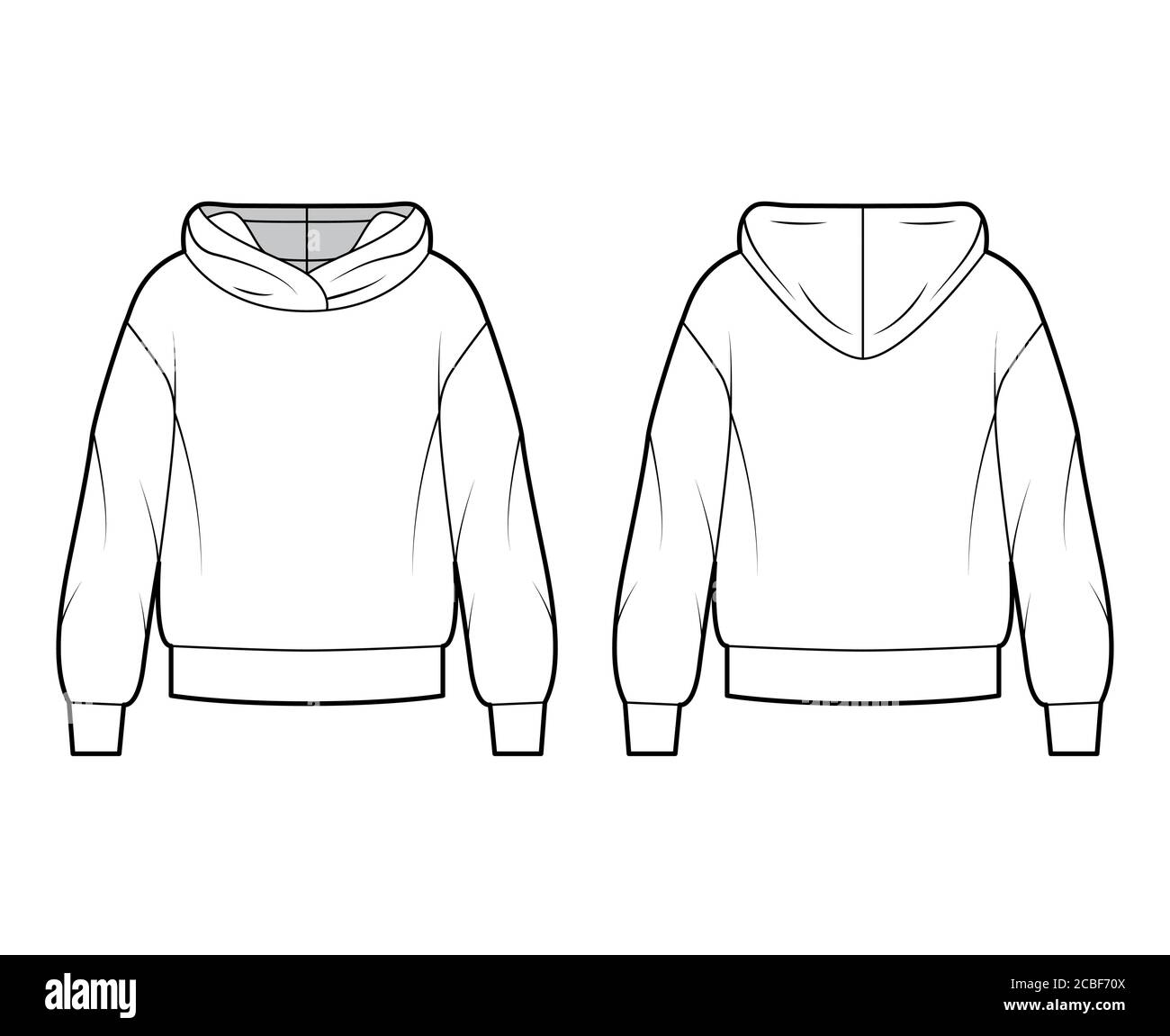 Grand sweat à capuche en coton-polaire, illustration technique de la mode,  coupe décontractée, manches longues. Modèle de vêtement de pull extérieur  plat à l'avant et à l'arrière de couleur blanche. Sweat-shirt unisexe