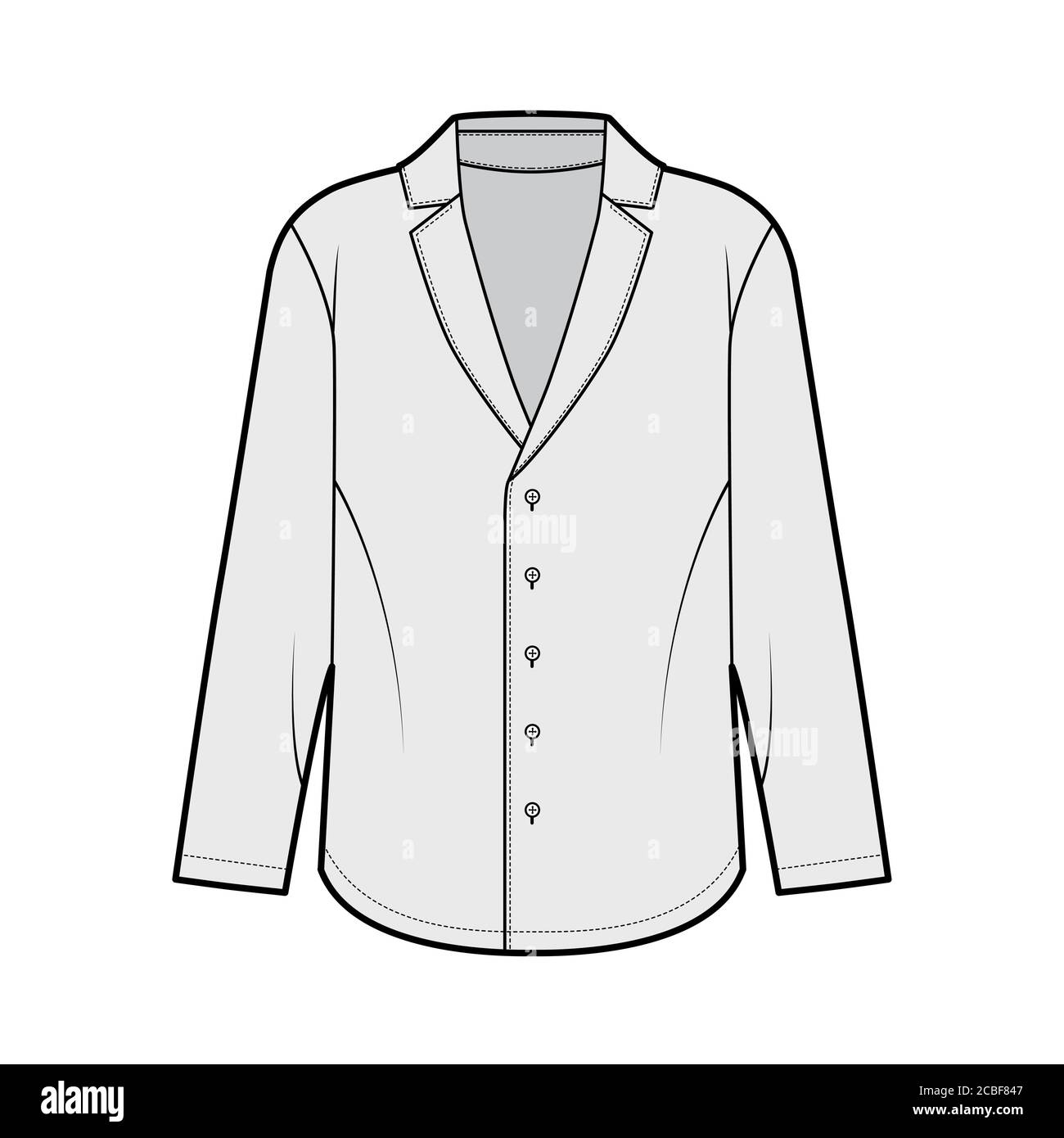 Chemise de pyjama technique avec silhouette ample, col cranté pointu, boutons sur le devant, manches longues. Modèle de vêtement plat de couleur grise sur le devant. Femmes hommes unisexe haut Illustration de Vecteur