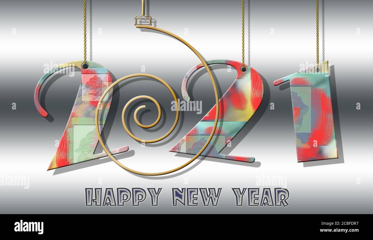 Bonne année 2021 bannière colorée. Numéros suspendus 2021, texte Happy New Year sur fond gris métallisé brillant. Illustration 3D Banque D'Images