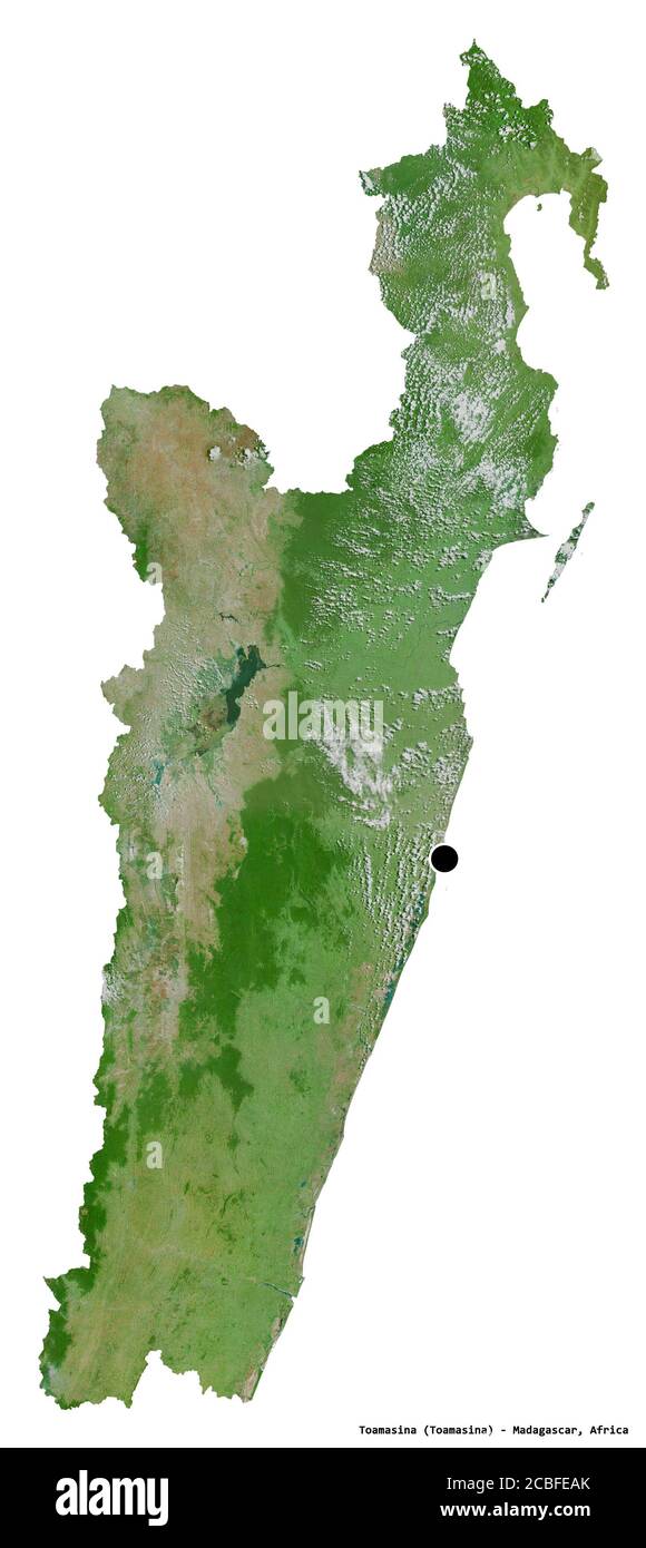 Forme de Toamasina, province autonome de Madagascar, avec sa capitale isolée sur fond blanc. Imagerie satellite. Rendu 3D Banque D'Images