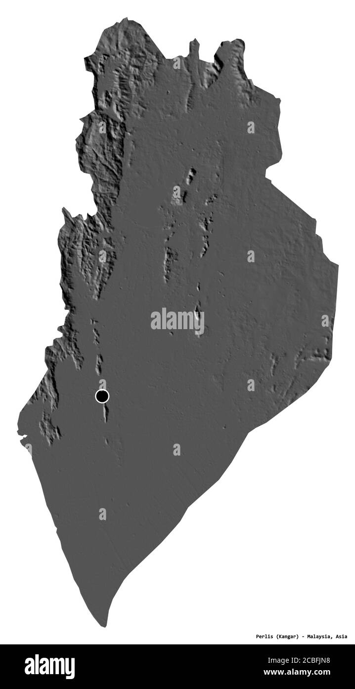 Forme de Perlis, État de Malaisie, avec sa capitale isolée sur fond blanc. Carte d'élévation à deux niveaux. Rendu 3D Banque D'Images