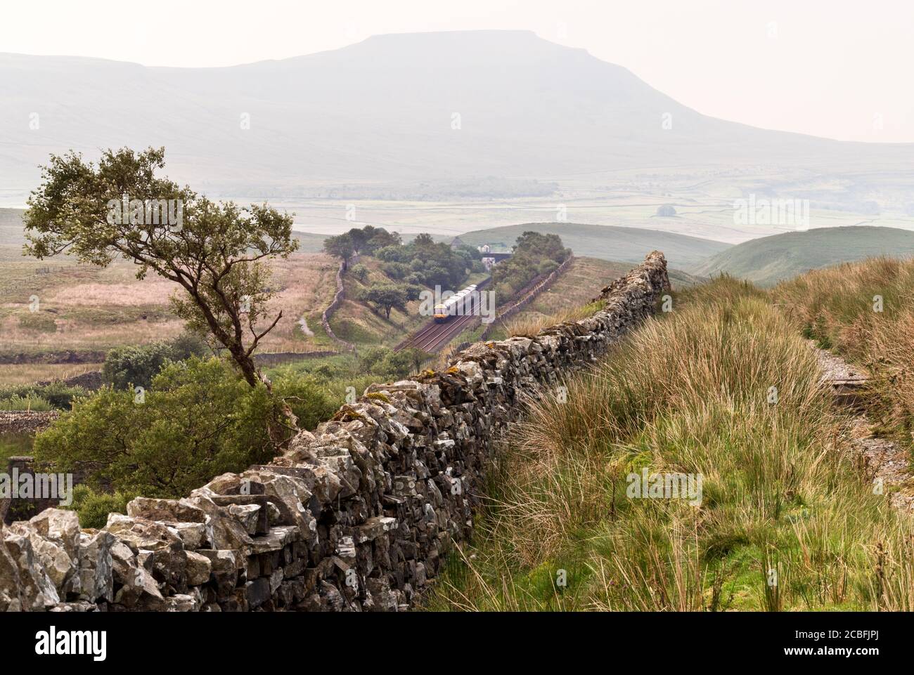 Lors d'une journée chaude et brumeuse d'été, le « Staycation Express » (ou plus officiellement le train touristique Settle et Carlisle) est vu sur le spectaculaire chemin de fer Settle-Carlisle en direction du sud depuis le tunnel de Blea Moor en direction de Skipton. Le pic d'Ingleborough, dans le parc national de Yorkshire Dales, est vu en arrière-plan. La spéciale a une locomotive diesel à chaque extrémité pour faciliter le déplacement dans les deux sens entre Skipton et Appleby. Le service de train relie Skipton à Appleby pendant l'été et est le tout premier service de train touristique à horaires dédiés de Grande-Bretagne. Crédit : John Bentley/Alay Live News Banque D'Images