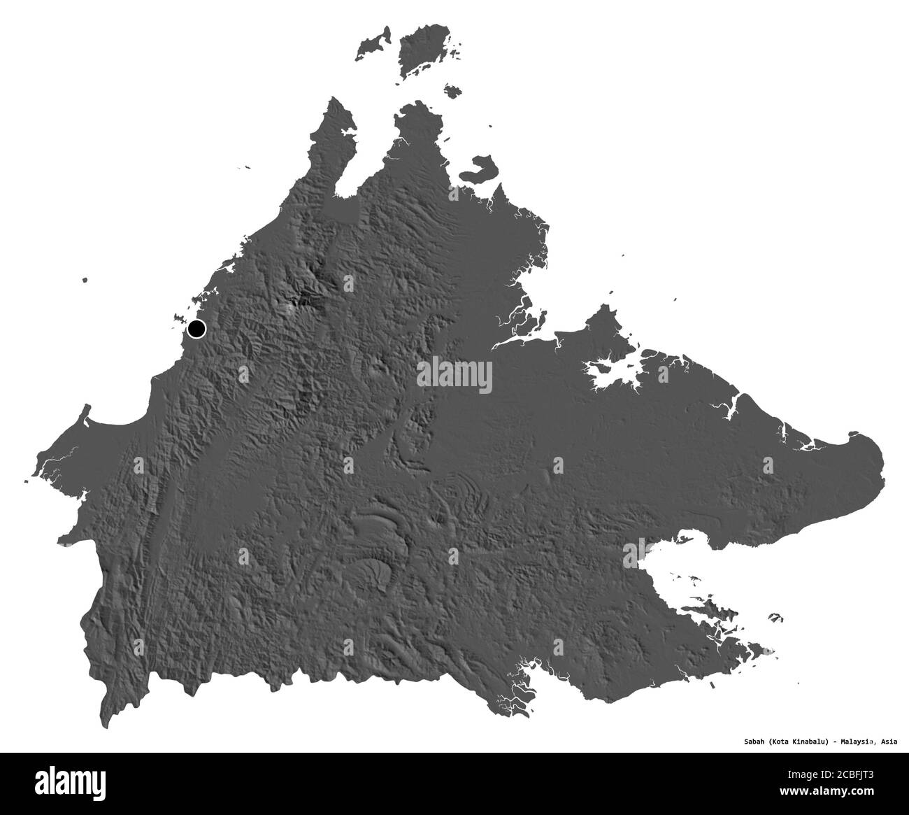 Forme de Sabah, État de Malaisie, avec sa capitale isolée sur fond blanc. Carte d'élévation à deux niveaux. Rendu 3D Banque D'Images