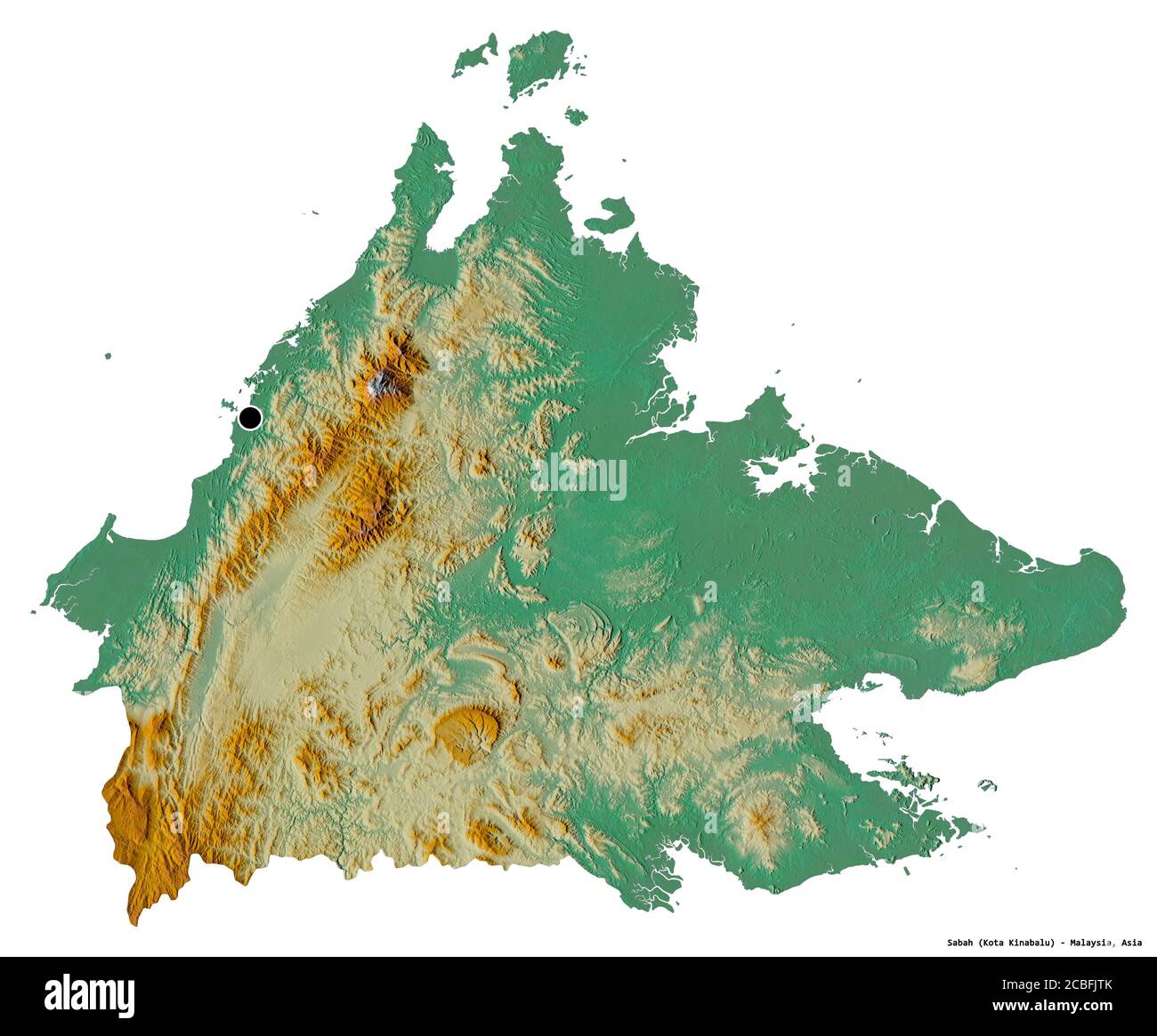 Forme de Sabah, État de Malaisie, avec sa capitale isolée sur fond blanc. Carte topographique de relief. Rendu 3D Banque D'Images