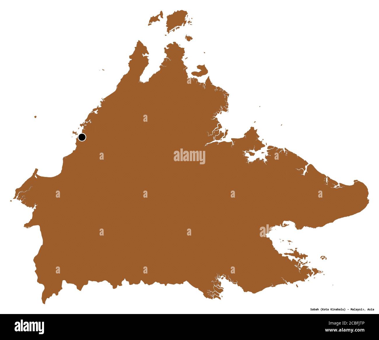 Forme de Sabah, État de Malaisie, avec sa capitale isolée sur fond blanc. Composition des textures répétées. Rendu 3D Banque D'Images