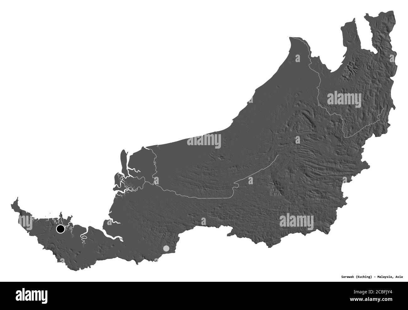 Forme de Sarawak, État de Malaisie, avec sa capitale isolée sur fond blanc. Carte d'élévation à deux niveaux. Rendu 3D Banque D'Images