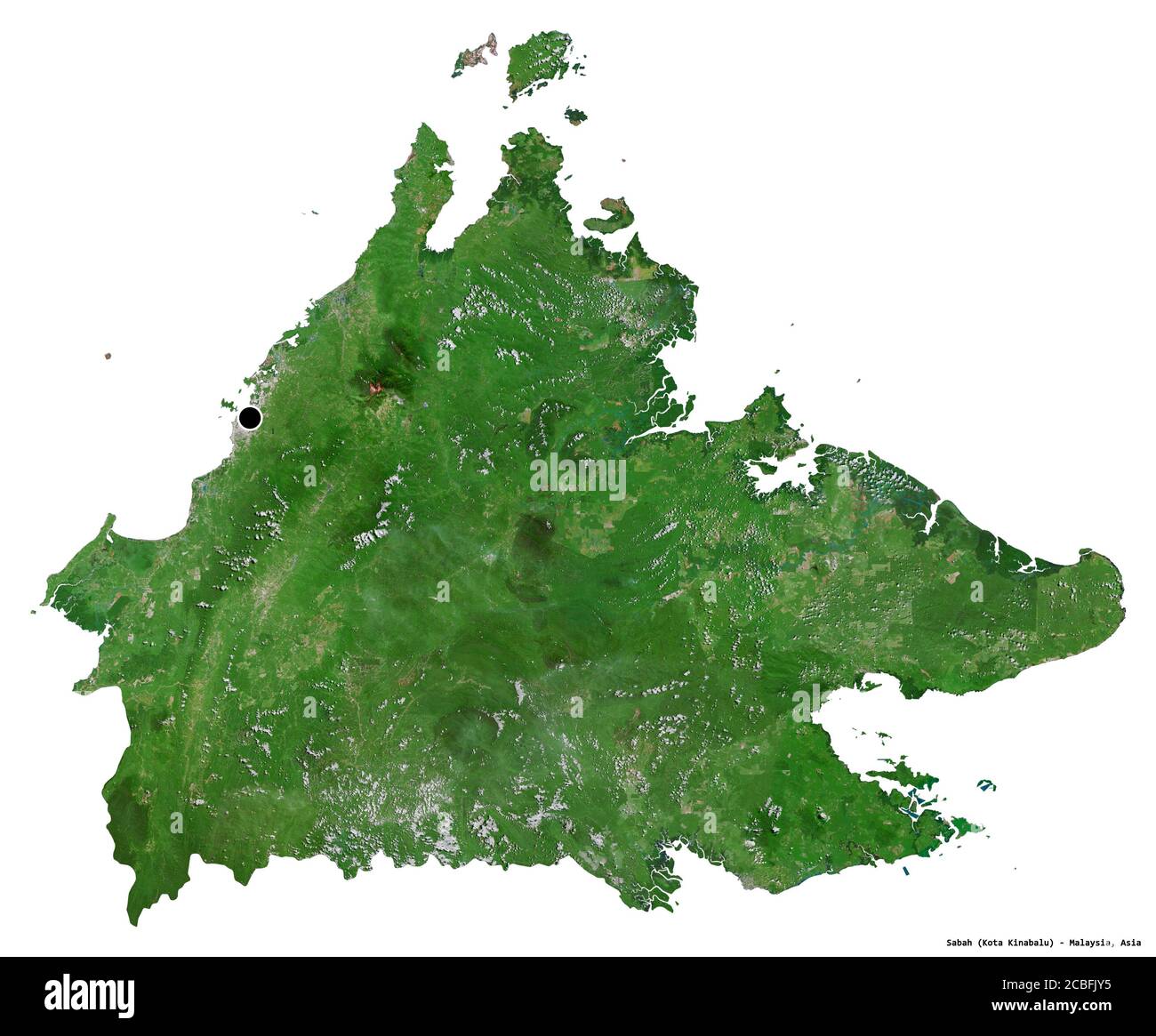 Forme de Sabah, État de Malaisie, avec sa capitale isolée sur fond blanc. Imagerie satellite. Rendu 3D Banque D'Images