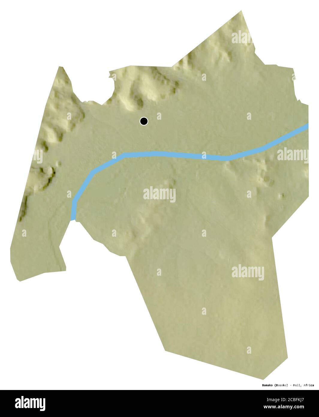 Forme de Bamako, district du Mali, avec sa capitale isolée sur fond blanc. Carte topographique de relief. Rendu 3D Banque D'Images