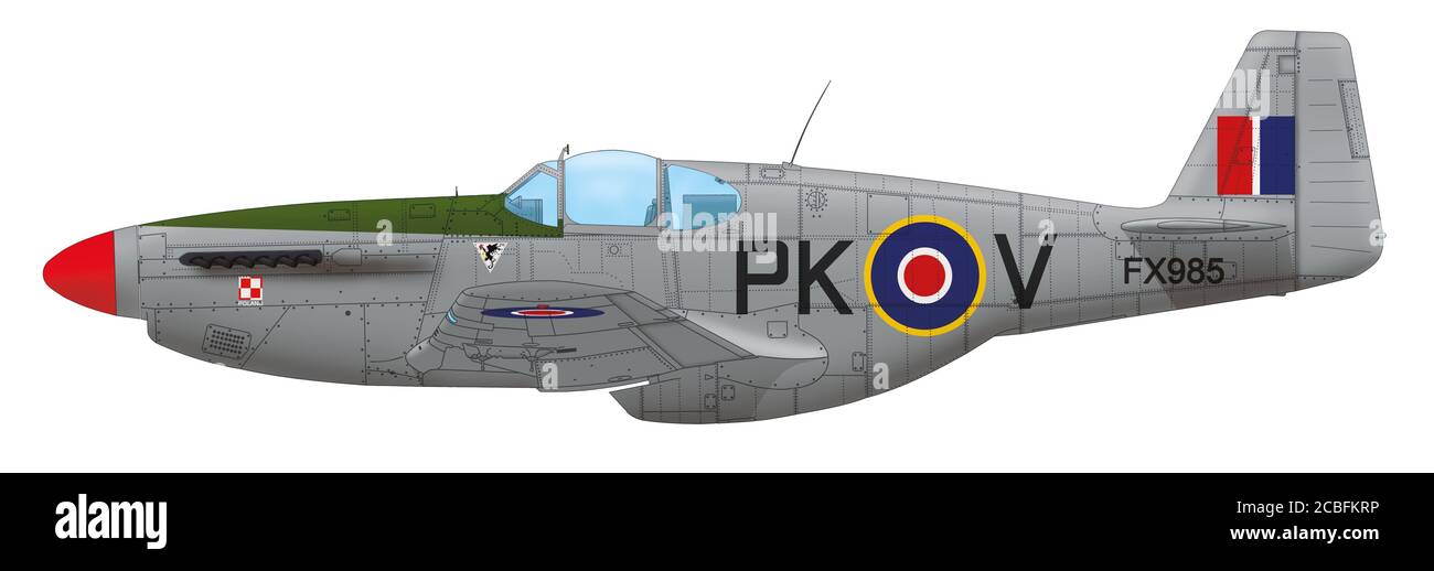 Mustang Mk III (FX985, PK○V) de l'escadron de combat polonais no 315 (ville de Deblin) RAF, début 1945 Banque D'Images