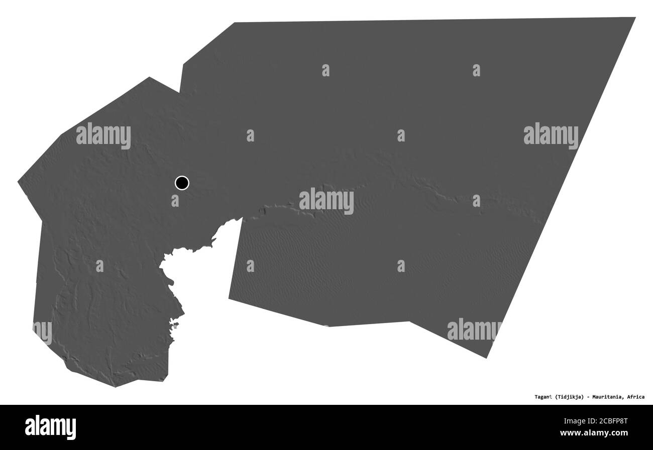 Forme de Tagant, région de Mauritanie, avec sa capitale isolée sur fond blanc. Carte d'élévation à deux niveaux. Rendu 3D Banque D'Images