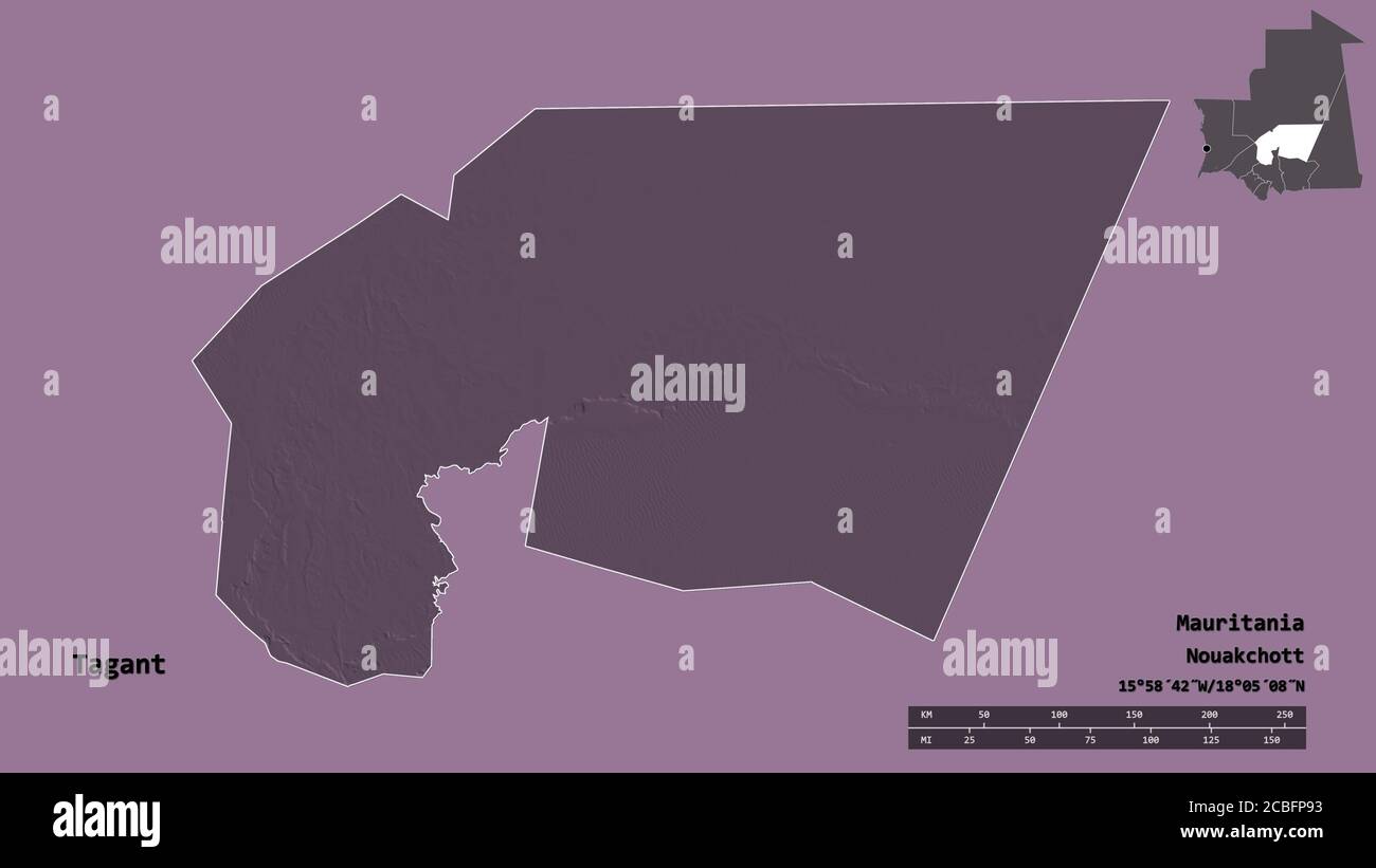 Forme de Tagant, région de Mauritanie, avec sa capitale isolée sur fond solide. Échelle de distance, aperçu de la région et libellés. Carte d'altitude en couleur Banque D'Images